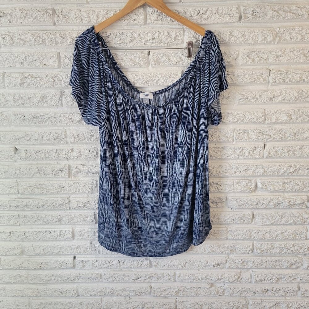 Old Navy Women Top XXL Plus On Off Shoulder Lightweight Blue White Stripe STR58E